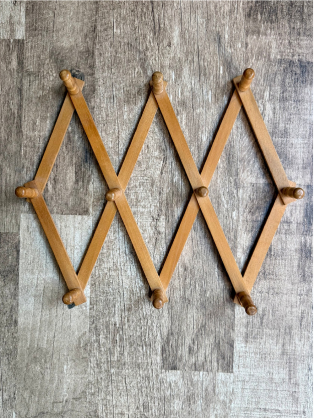 Vintage Natural Wood Accordion Peg Rack Expandable Wall Hanger 10 Pegs